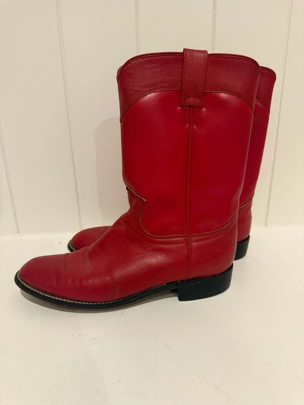 Vintage Diamond J Red Leather Roper Cowboy Boots Women's Size 8B 3055L